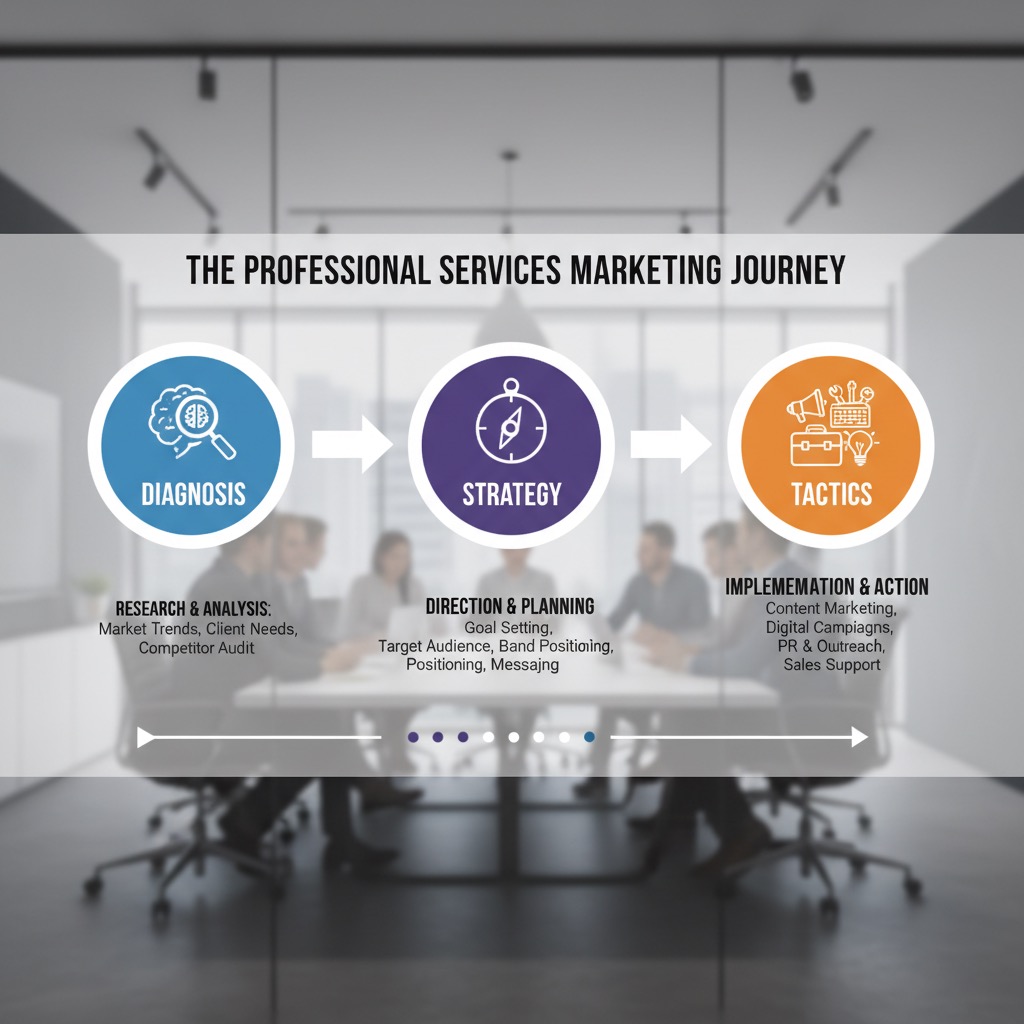 A flowchart titled The Professional Services Marketing Journey outlines three sequential stages: Diagnosis, Strategy, and Tactics, each with specific sub-tasks listed below.