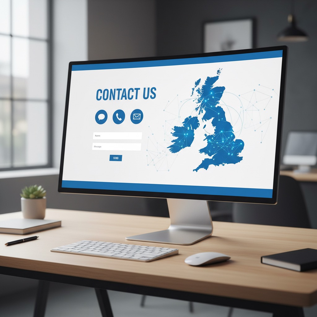 A computer monitor on a desk displays a contact form and a digital map of the United Kingdom.