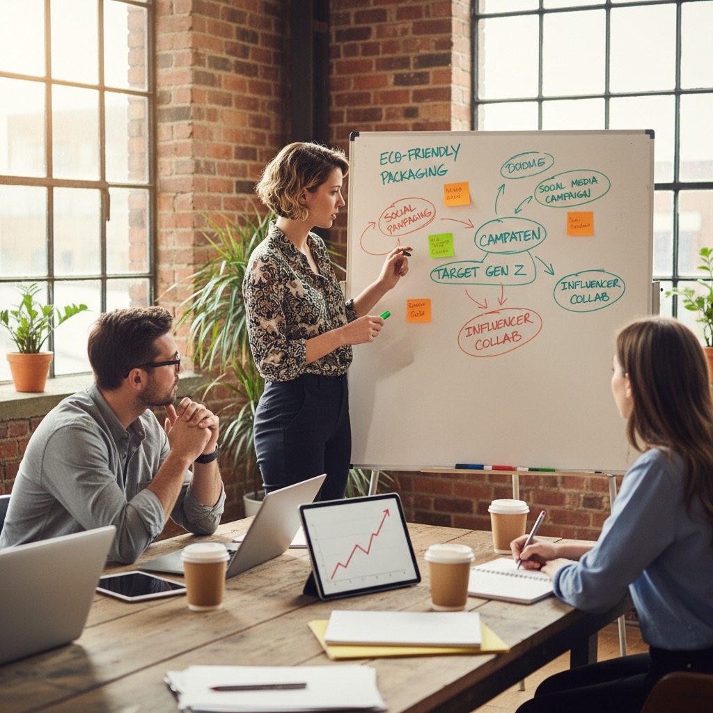 A woman presents a marketing strategy on a whiteboard to two colleagues in a sunlit office with brick walls.